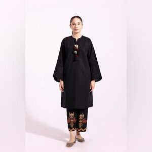 Ethnic Embroidered Tassel Detail Neckline Black Pakistani Casual Kurta SZ S